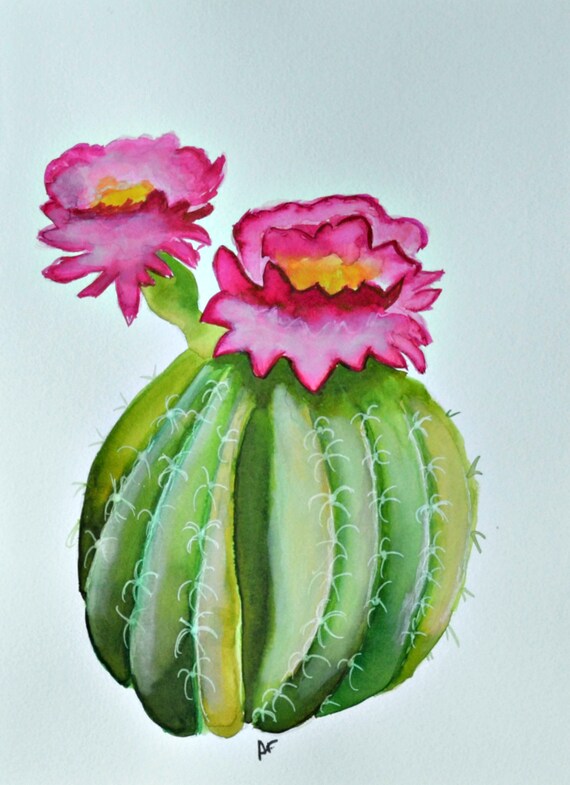 Flowering Cactus Watercolor Painting Southwestern Wall Art Etsy