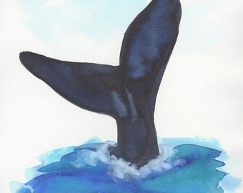 Blue whale tail hand painted watercolor painting 9x12, original watercolor painting, ocean life wall decor