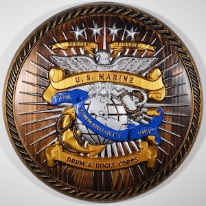 USMC Drum & Bugle Corps, Java Painted 3d wood carving, military plaque