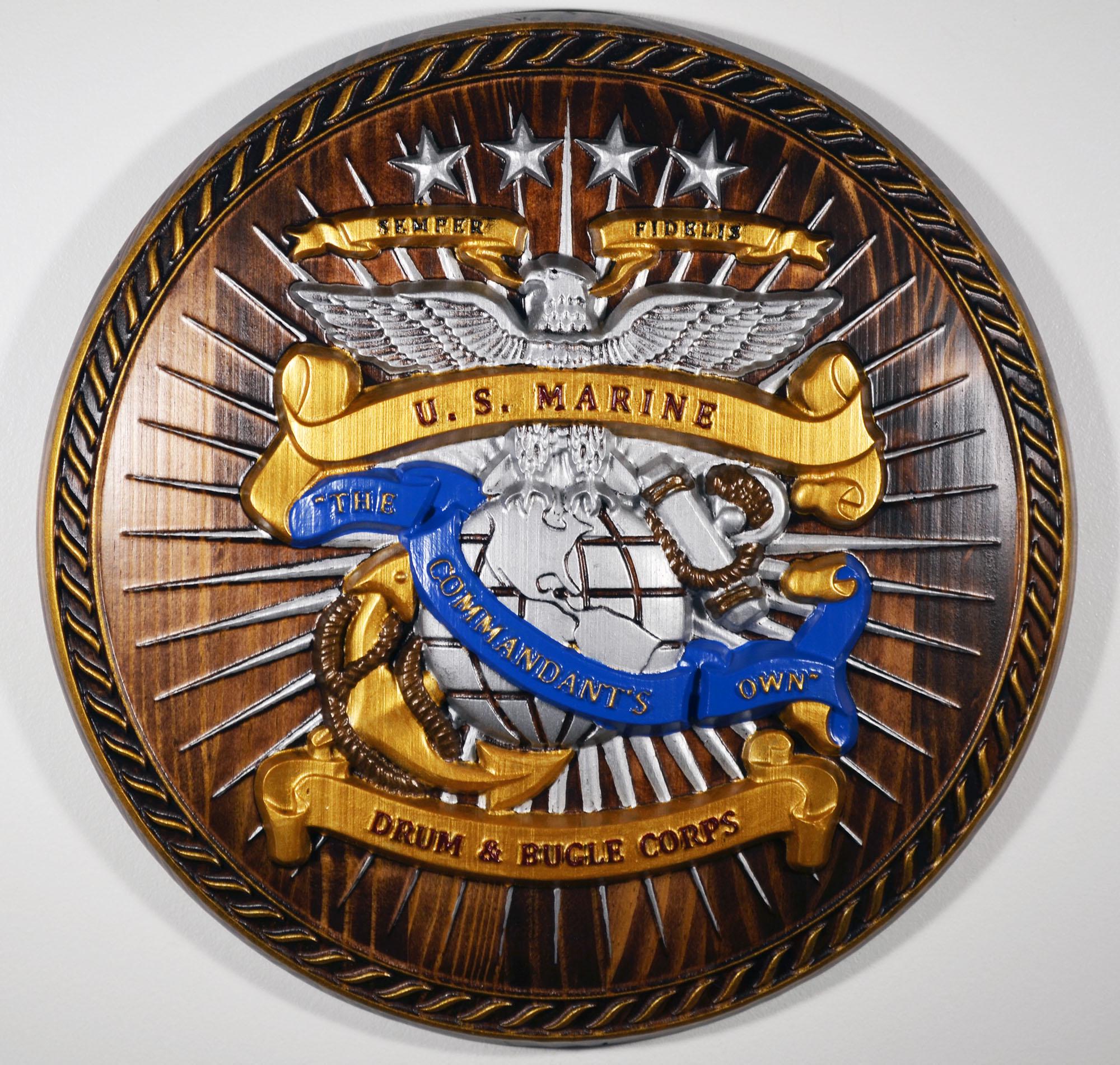 USMC Drum & Bugle Corps, Java Painted 3d Wood Carving, Military