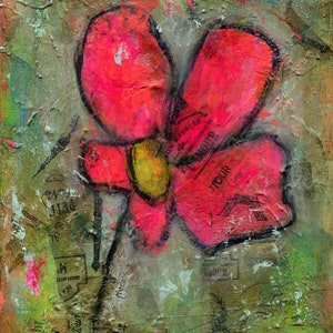 Pink abstract flower garden mixed media painting 8x10, original art acrylic and watercolor painting