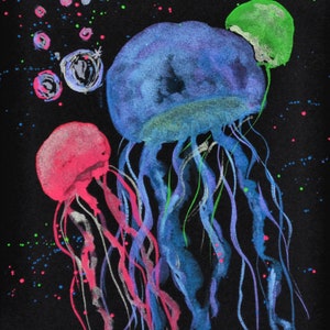 Metallic and neon watercolor jellyfish on hand painted black watercolor paper 8x10, under the sea watercolor, original watercolor artwork