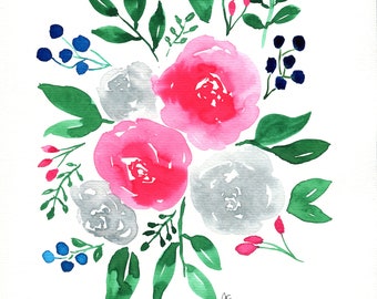 Aquarelle originale de bouquet de roses printanières 9 x 12, aquarelle originale de roses roses et grises, décoration murale florale