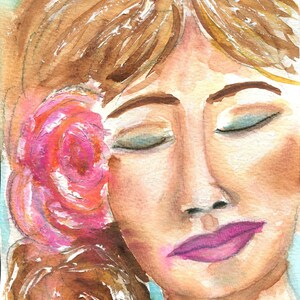 Ritratto femminile originale dipinto ad acquerello 8,5x5,5, volto femminile dipinto a mano con arte della parete rosa, ritratto mediatico misto viso stravagante