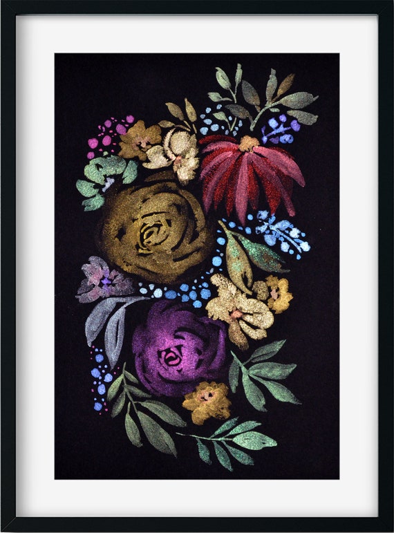 Flowers Hand Painted Metallic Watercolor Painting 9x12, Original Metallic  Watercolor Painting on Black Paper -  Finland