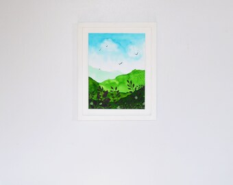 風景 水彩画 大きめ 緑色額装 夢のような緑の風景水彩画 9x12インチ、額装済みのオリジナル風景画
