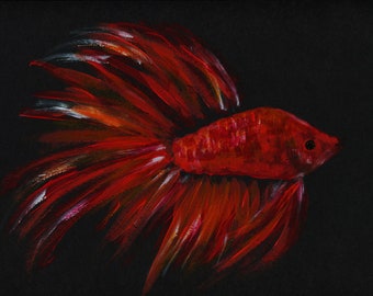 Pintura acrílica de pez Betta rojo y naranja sobre papel negro de 9 x 12 pulgadas: arte mural original
