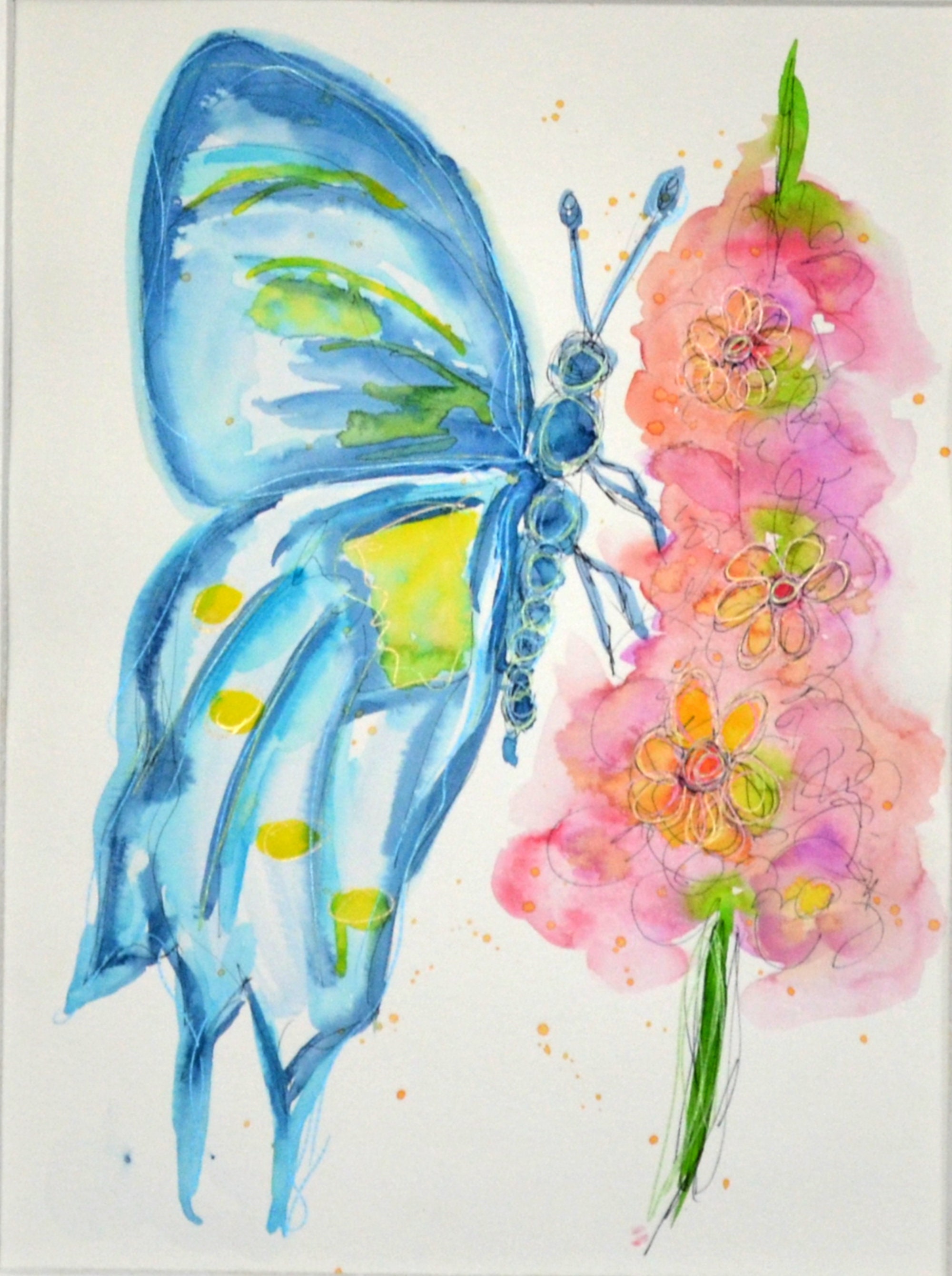 花に止まる気まぐれな蝶の水彩画9x12、手描きのルーズスタイルの