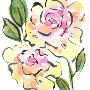 May include: Watercolor painting of two pink and yellow roses with green leaves and stems.