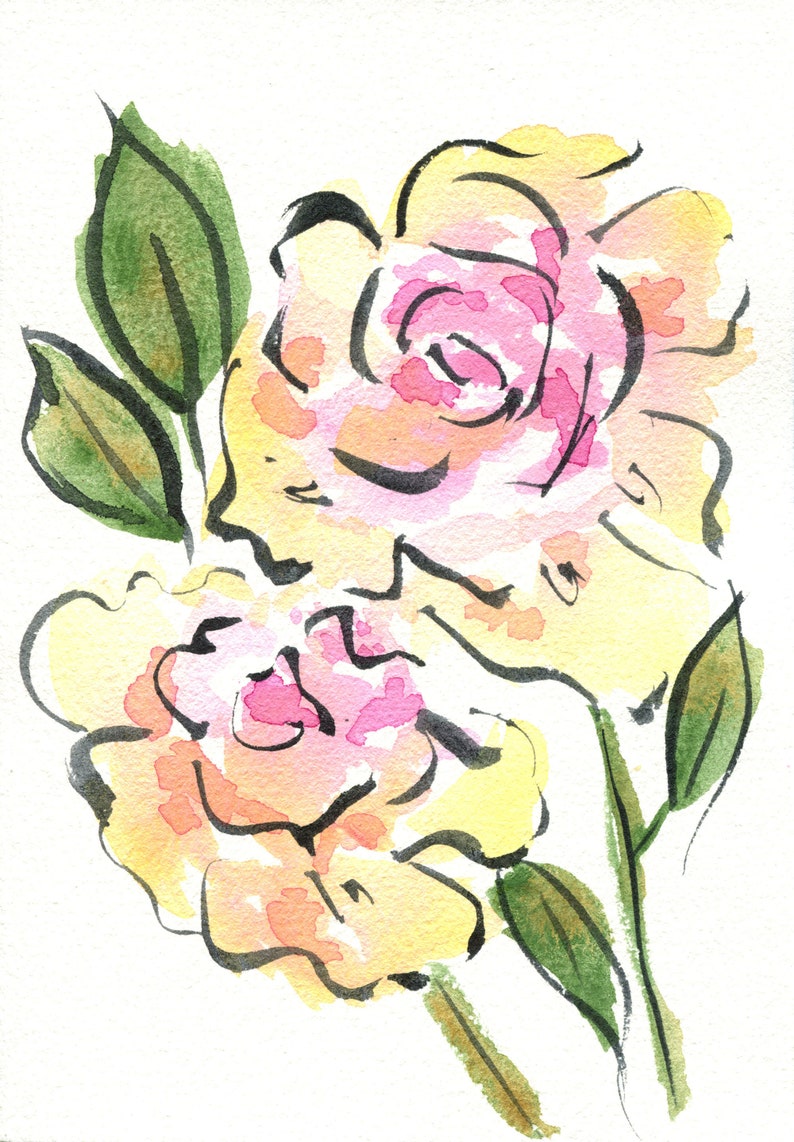 May include: Watercolor painting of two pink and yellow roses with green leaves and stems.