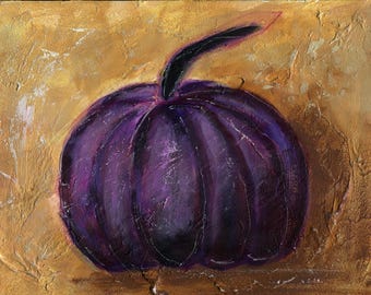Fall purple pumpkin mixed media painting on watercolor board 9x12, Thanksgiving decorations, autumn home decor
