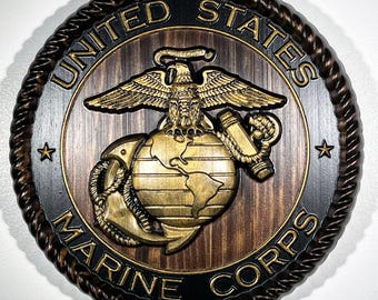 USMC Marines Logo 12"Java and Gold Painted Military Plaque