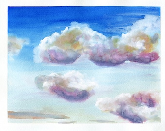 Cloudy day original watercolor landscape painting, 9x12 hand painted on paper, ready to frame, whimsical landscape wall art