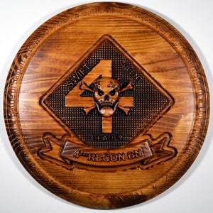USMC 4th Reconnaissance Battalion, Marine Corps Special Forces, stained 3d wood carving, military plaque