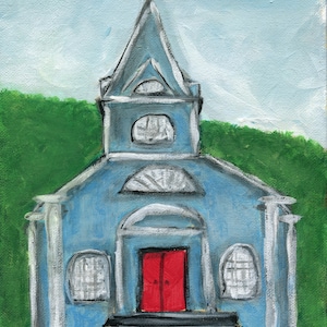 Petite peinture d'église blanche sur toile 8 x 10, peinture d'église de campagne, décor de ferme, art mural americana, décor de ferme moderne
