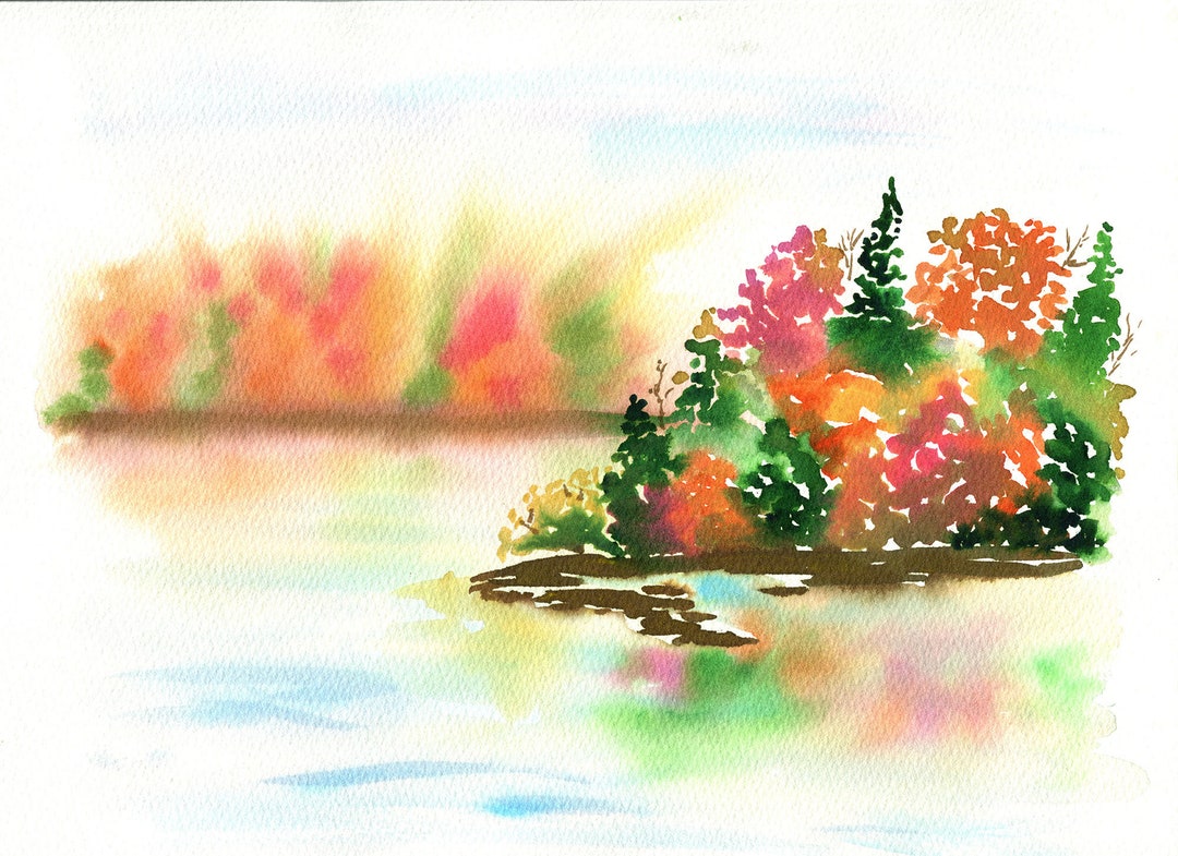秋の風景 水彩画 額装済み 水彩画 秋の風景 カモ B5 額、マット付き 外箱あり