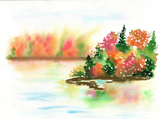 Paysage de lac en automne en peinture aquarelle originale