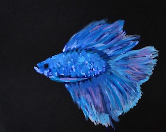 Pez Betta pintado a mano pintura acrílica 6x8, arte de pared de peces pequeños, pintura de peces luchadores siameses, obras de arte originales