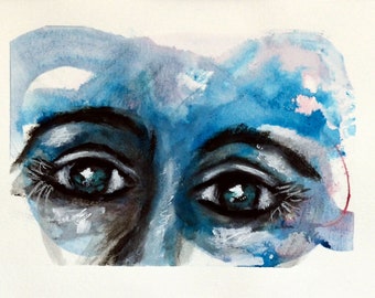 Expressive female eyes mixed media on paper, portrait of a woman watercolor