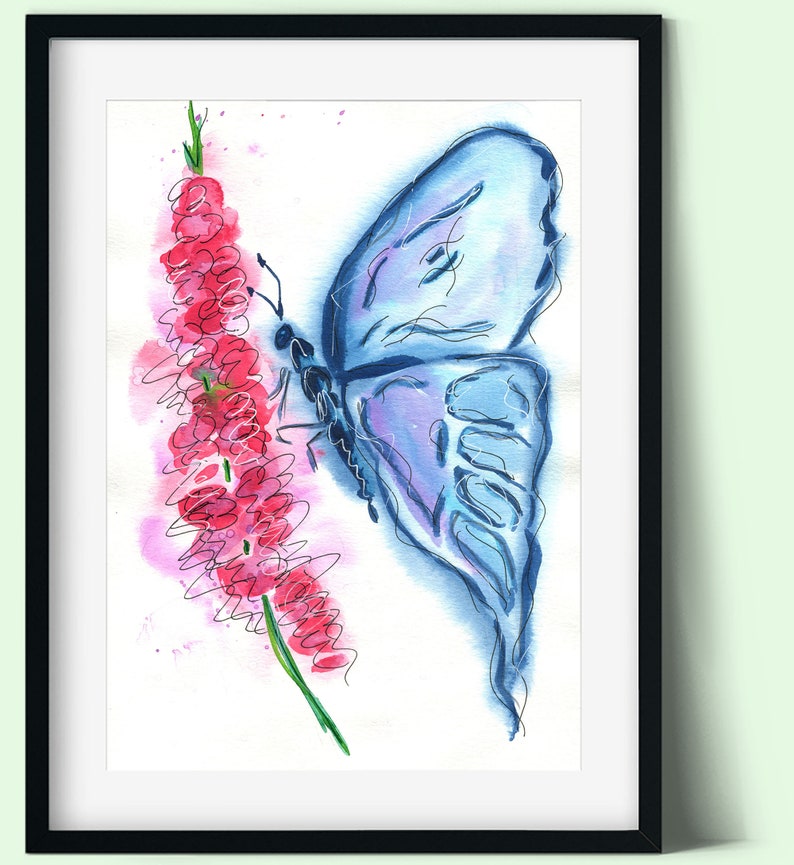 May include: A watercolor painting of a blue butterfly with pink flowers. The butterfly is painted in a loose, expressive style, with delicate lines and washes of color. The flowers are a vibrant pink, adding a touch of color to the composition.