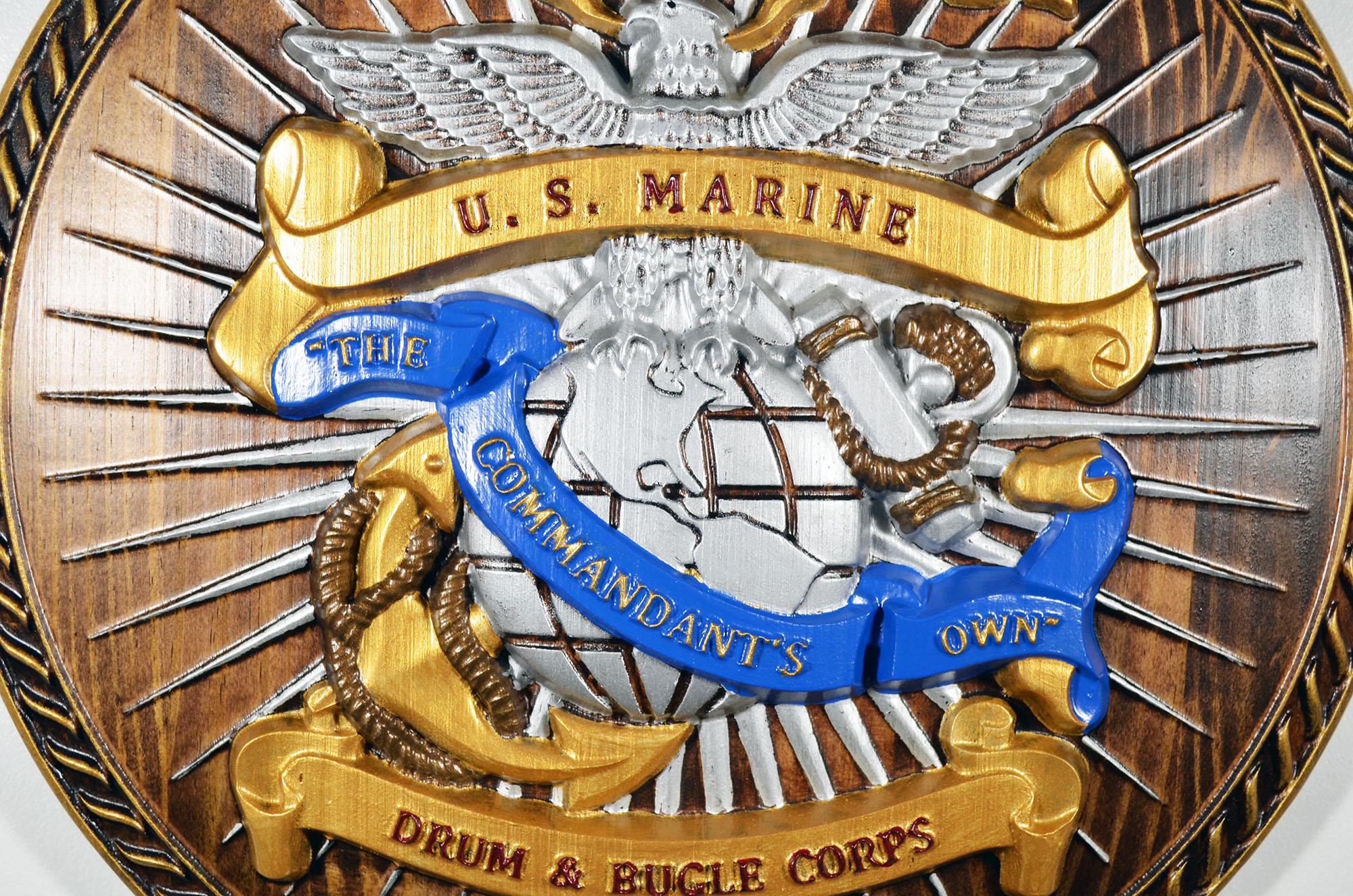 USMC Drum & Bugle Corps, Java Painted 3d Wood Carving, Military
