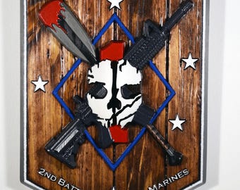 USMC 2nd Battalion 1st Marine Ghost Company,  painted wood carving military plaque