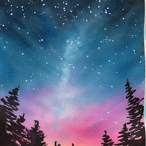 Sunset forest original hand painted watercolor painting 9x12, rainbow-colored starry mountains landscape painting wall art