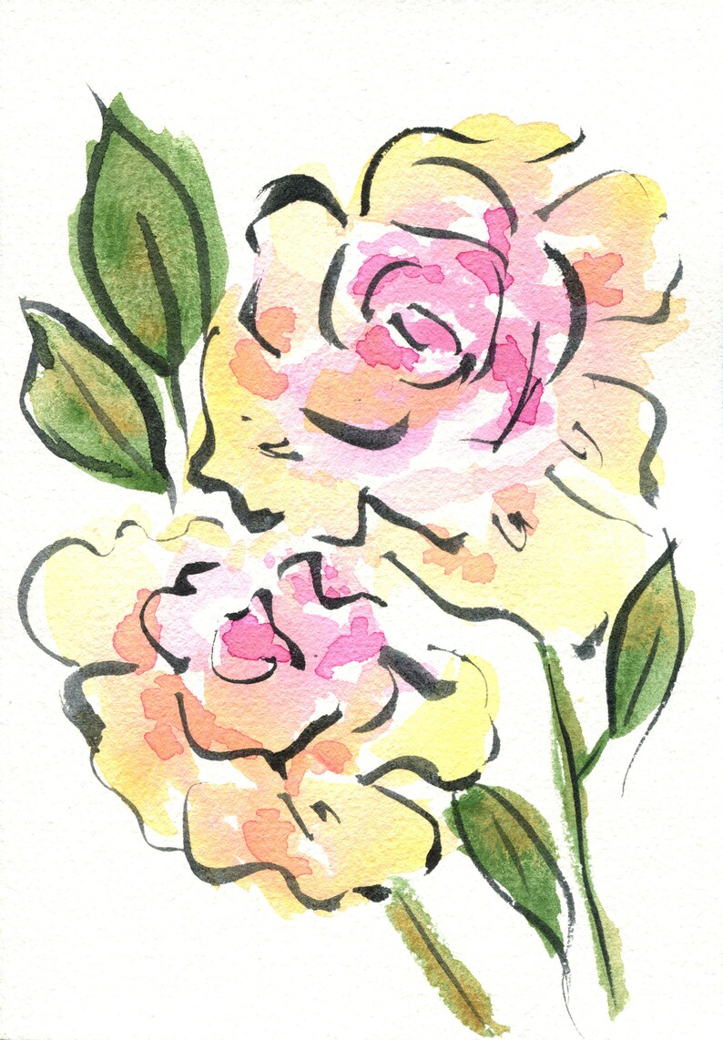May include: Watercolor painting of two pink and yellow roses with green leaves and stems.