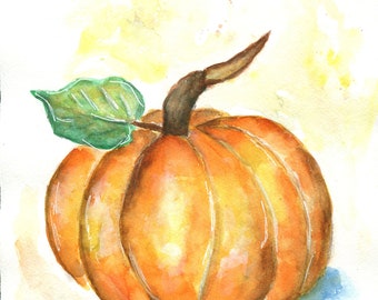 Pumpkin hand painted original watercolor painting, fall and autumn wall decor, Thanksgiving decorations