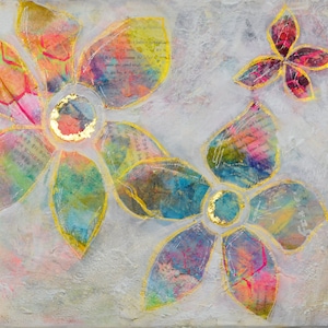 Abstract flower garden hand painted mixed media painting on canvas 11x14, original wall art acrylic and watercolor painting