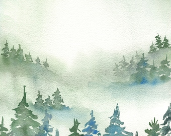 Misty forest original watercolor painting 9x12, green colored foggy mountains landscape painting wall art