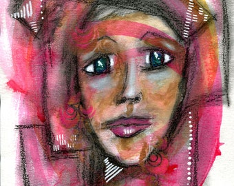 Expressive female face mixed media painting on paper 9x12, funky hot pink portrait of a woman watercolor