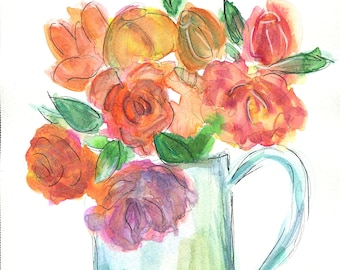 Flower bouquet in a water pitcher watercolor painting 9x12, line and wash style flowers watercolor, still life botanical painting