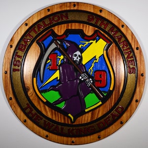 USMC 1st Battalion 9th Marines, USMC The Walking Dead 3D-houtsnijwerk geschilderd, militaire plaquette