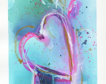 Abstract heart watercolor painting hand painted on paper, vibrant colors for living room wall art, ready to frame original art 9x12