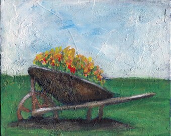 Flowers in a wheelbarrow hand painted acrylic painting on canvas board 8x10, americana wall art, modern farmhouse decor, canvas wall art