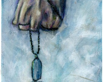 Military dog tags original acrylic and charcoal painting 9x12, hand holding dog tag, hand painted military keepsake art