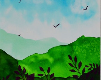 風景 水彩画 大きめ 緑色額装 夢のような緑の風景水彩画 9x12インチ、額装済みのオリジナル風景画