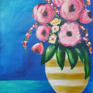 Bouquet de roses dans un vase à rayures jaunes, peinture acrylique originale peinte à la main prête à encadrer 16 x 20, art mural sur toile