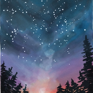 Sunset forest original hand painted watercolor painting 9x12, rainbow-colored starry mountains landscape painting wall art