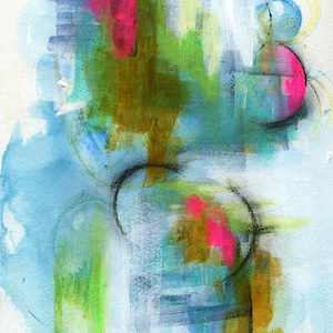 Dipinto originale astratto a tecnica mista su carta 9x12, segno blu astratto dipinto a mano che realizza arte da parete