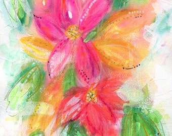 Pink and orange hand painted flower painting 9x12, abstract mixed media floral painting on paper