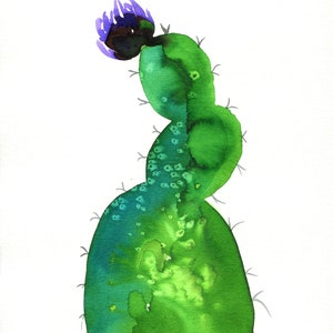 Cactus watercolor painting on paper 9x12, hand painted southwestern decor wall art, bright green succulent artwork, original artwork