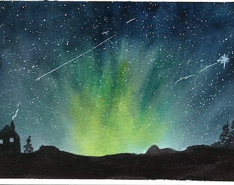 Galaxy aquarelschilderijen, set van 4 5x7 ruimte wanddecor, nevel en sterrennacht landschap aquarel