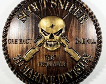 USMC 2nd Marine Scout Sniper 12 inch Brass and Java Unit Plaque