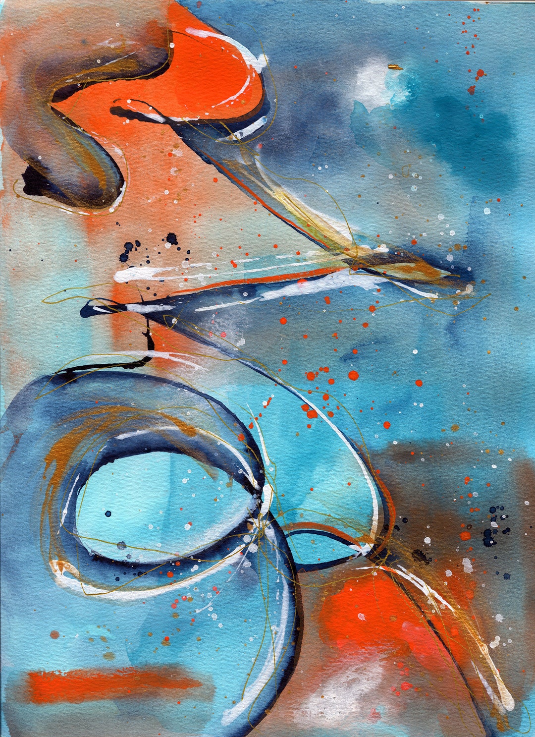 Blue Orange and Gold Abstract Watercolor Painting 9x12, Abstract Circle ...