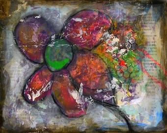 Abstract flower garden hand painted mixed media painting on canvas panel 11x14, original purple and green art painting