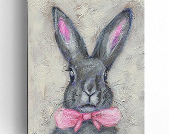 Rabbit with a bowtie painting on canvas, fluffy bunny artwork, nursery wall decor, original artwork not a print