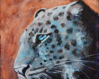 Spotted leopard face original hand painted acrylic painting on canvas 14x14x.5, safari life bedroom wall decor, vibrant wall hanging