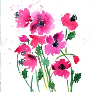 Loose pink poppies watercolor painting 9x12, original watercolor bedroom wall art ready to frame